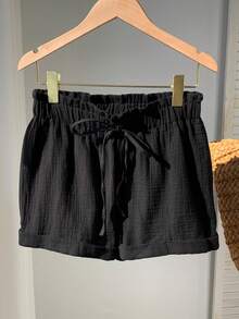 SHEIN EZwear Quần short nữ màu trơn, thiết kế đơn giản có bèo nhún. - màu đen - Xem 3