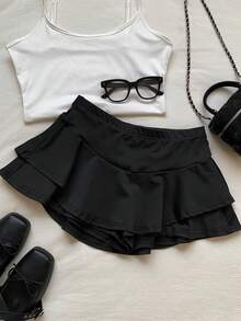 SHEIN EZwear Culotte de mujer de cintura elástica y bajo con volantes de unicolor - Negro - Ver 7