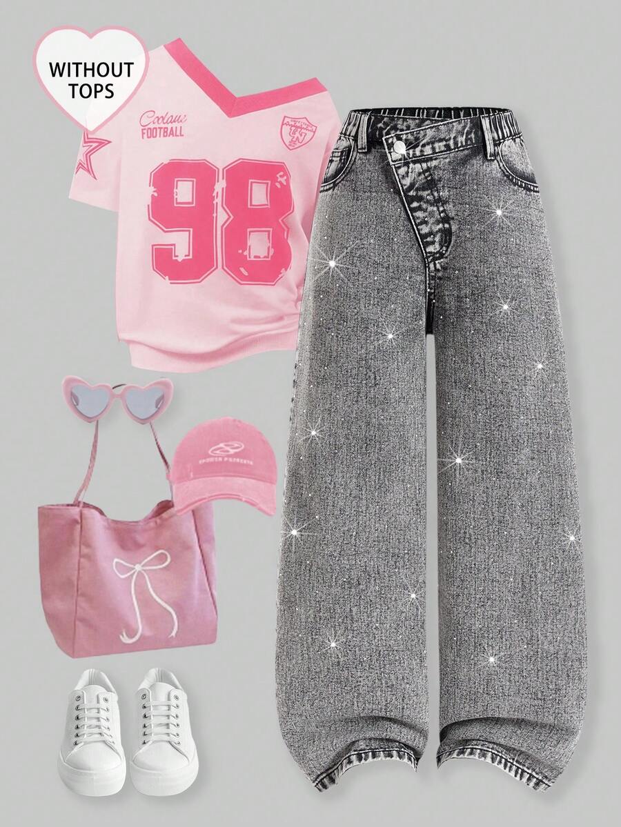 SHEIN ChillGRL Tween GirlsGrey Fashionable Casual Rhinestone Embellished Loose Wide-Leg Washed Denim Jeans - Light Grey - View 1