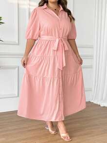 SHEIN CURVE+ Đầm maxi dáng chữ A tay ngắn màu trơn cho nữ cỡ lớn năm 2025, phối bèo nhún, thích hợp cho mùa xuân, dành cho người có thân hình đầy đặn, kiểu dáng Hoho Vacation. - Hồng - Xem 7