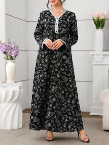 Al Najma 优雅别致的撞色拼接阿拉伯女式连衣裙，阿拉伯连衣裙 - 黑色 - 查看 5