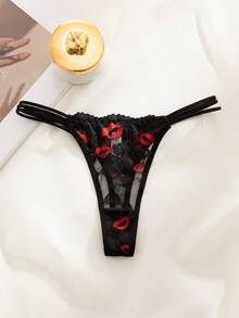 SHEIN Sexy Lace Trim Lip Print Thong Panty For Women - Black - View 6