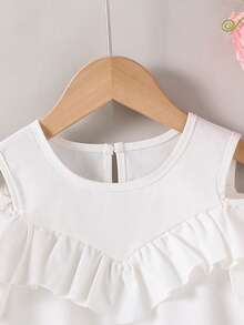 SHEIN 女童白色露肩简约日式优雅棉麻衬衫 - 白色 - 查看 3