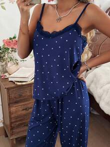 ZzzCrew Women's Knitted Ribbed Contrast Lace Heart Print Camisole And Lounge Pants Set, Navy Blue, Suitable For All Seasons Polka Dot Pajama Set Cami Pajama Set