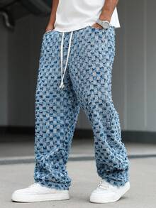 Manfinity EMRG American Checkered Denim Jeans With Fringe - Blue - View 8