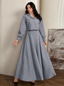 Modelyn 2件組女款純色長袖極簡夾克與寬肩帶休閒洋裝套裝 - 藏蓝色 - 查看 3