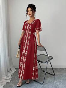 Elenzga New Elegant V-Neck Fashion Placement Print Women Dress - Burgundy - View 6