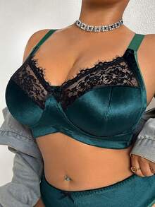 DesireSculpt 1pc Plus Size Lace Patchwork Wireless Bra - Green - View 3