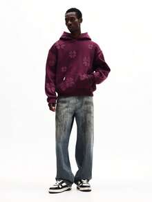 SUMWON Boxy Fit Hoodie With All Over Puff Floral Applique Design Burgundy Pullover Sweatshirt Long Sleeve Casual Winter Fall - Purple - View 8