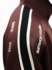 SUMWON Áo khoác thể thao Essentials với sọc bên hông và khóa kéo phía trước, kiểu dáng thường ngày cho mùa đông và mùa thu. - màu nâu - Xem 6