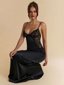 SHEIN BAE 优雅红色蕾丝拼接缎面连衣裙，性感透视蕾丝长裙，适合婚礼、伴娘、正式场合 - 黑色 - 查看 5