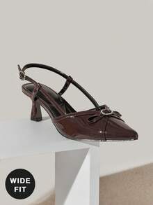 SHUZIA Women's Wide-Fit Elegant Pointed Toe Sling-Back Rhinestone Buckle Bow Decor Kitten Heel Pumps Valentine's Day - Brown - View 6