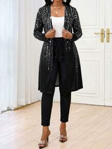 SHEIN Lady 两件套女士水钻装饰长袖上衣和裤子套装 - 彩色 - 查看 3