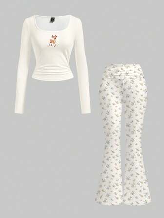 Kawaii Deer Ditsy Floral Vintage 2-Piece Set, Cropped Long Sleeve Top & High Waist Flared Pants, Cute & Elegant For Spring/Summer & Autumn/Winter