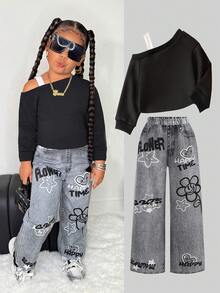 Bộ áo nỉ cổ lệch màu đen phong cách đường phố cho bé gái và quần denim rộng rãi - màu đen - Xem 1