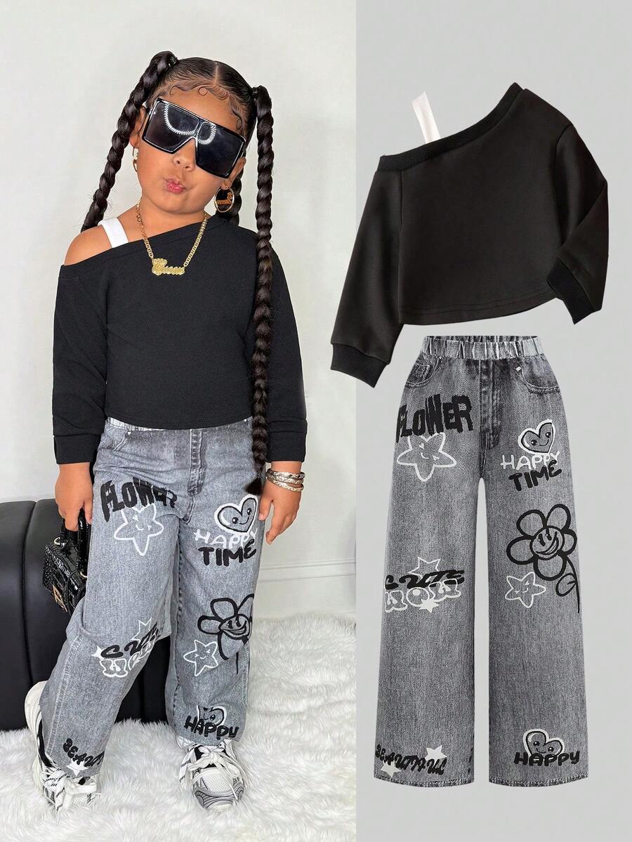 Bộ áo nỉ cổ lệch màu đen phong cách đường phố cho bé gái và quần denim rộng rãi - màu đen - Xem 1
