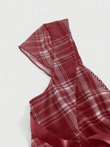 ROMWE J-Fashion Y2K 时尚格子蝴蝶结装饰女式T恤 - 紅色 - 查看 4