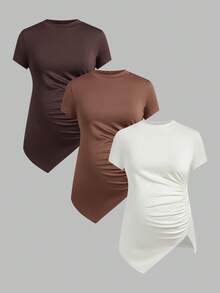 Modmama Maternity Clothes Tops Summer Pregnant 3pcs/Set Women's Solid Color Round Neck Pleated Asymmetrical Hem Casual Versatile Long Sleeve T-Shirts - Multicolor - View 3