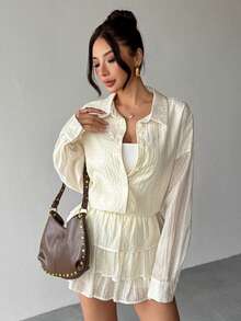 Chiquease Women's Party Jacquard Rhinestone Collar Long Sleeve Blouse + Rhinestone Cake Skirt 2 Pieces Set - Apricot - View 6