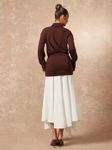 Lumalex Vestido de mujer de manga larga con cuello y bloque de color elegante - Marrón - Ver 3