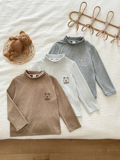 Blossori Set de 3 camisetas interiores de cuello alto con bordado de oso elegante francés para niños pequeños