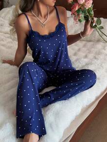 ZzzCrew Women's Knitted Ribbed Contrast Lace Heart Print Camisole And Lounge Pants Set, Navy Blue, Suitable For All Seasons Polka Dot Pajama Set Cami Pajama Set