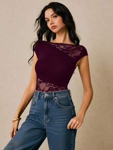 Poéselle Women's Elegant Dark Burgundy Lace Sleeveless Bodysuit Night Out Autumn - Red Violet - View 8