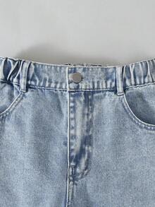 2pcs Tween Girls' Denim Set,Bow Decor V-Neck Knit Long Sleeve Top & Distressed Wide Leg Pants,Light Blue And White,Autumn,Casual,School,Back-To-School - Blue and White - View 7