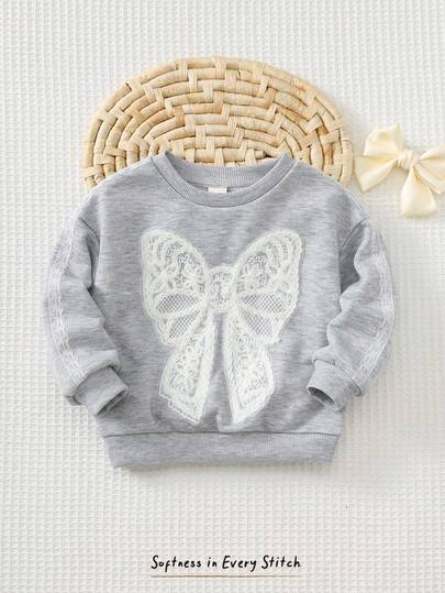 Cozy Pixies Baby Girl Gray Decorative Lace Big Bow Round Neck Long Sleeve Pullover Sweatshirt, Versatile And Comfortable Loose Fit, Suitable For Home And Outdoor