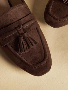 Rosivie 女士方头平底咖啡色绒面流苏舒适百搭日常休闲通勤一脚蹬乐福鞋 - 咖啡棕 - 查看 8