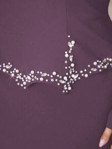 Modelyn Plus Size Elegant Rhinestone & Faux Pearl Decor Fish Tail Hem Dress, Summer - Purple - View 4