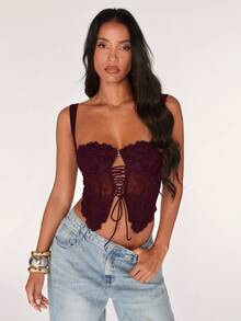 SHEIN BAE Women's Sexy Lace Sheer Tie-Up Spaghetti Strap Camisole Top, Suitable For Date Night, Girls' Night Out, Birthday Party, Cocktail Party, Nightclub, Holiday Party - Maroon - View 6