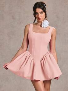 SHEIN BAE 秋冬季纯粉色性感简约甜美浪漫吊带露背蝴蝶结装饰蓬蓬裙女士迷你连衣裙，适合毕业派对、正式场合、鸡尾酒会、浪漫约会、秋冬季叠穿、派对、夜店、婚礼伴娘礼服、晚礼服、万圣节礼服、圣诞节礼服 - 藕粉色 - 查看 6