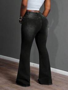 SHEIN SXY Quần jeans ống loe thêu hình trái tim màu xanh co giãn phong cách cao bồi cho nữ cỡ lớn, trang phục mùa thu - màu đen - Xem 2