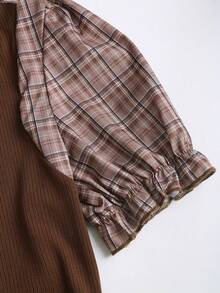 Sweetra Women's Retro 2 In 1 Plaid Patchwork Long Sleeve Shirt Design Top - Coffee Brown - View 4