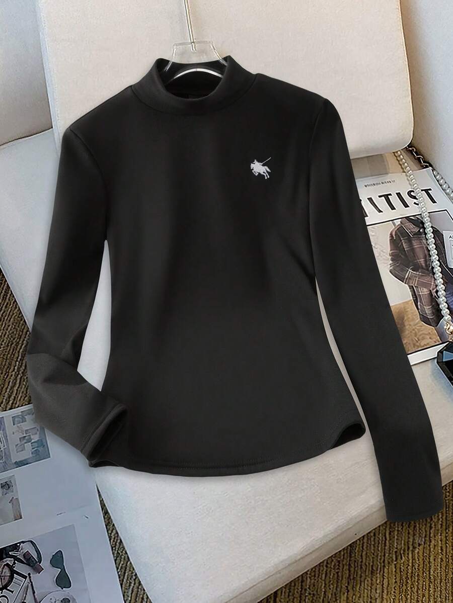 Modelyn Tricou casual versatil pentru femei, cu guler înalt, mânecă lungă și imprimeu cu cavaleri, căptușit termic - Negru - Vizualizare 1