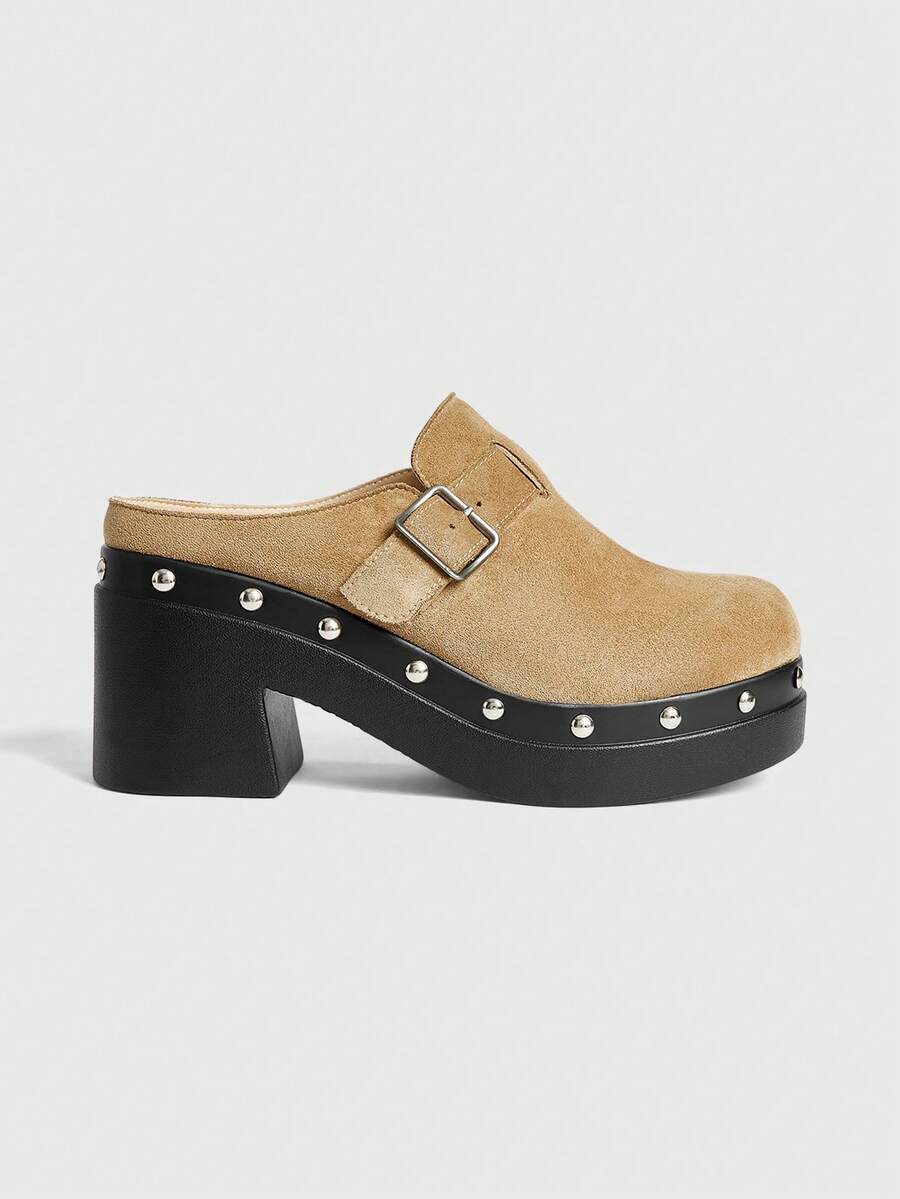 Sugerpunk Women's Retro Buckle Strap High Heel Sandals, Fashionable Casual Chunky Heel Mules - Khaki - View 1