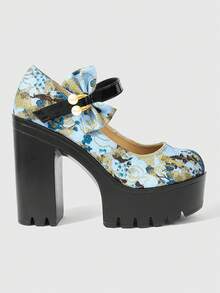 ROMWE 女士性感圆头厚底玛丽珍鞋，时尚春秋季刺绣珍珠搭扣蝴蝶结装饰高跟低帮夜店节日派对外出约会 - 藍色 - 查看 3