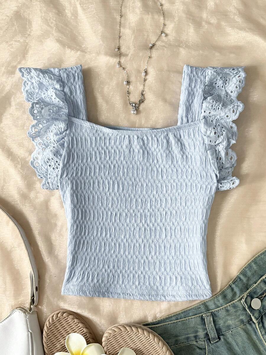 SHEIN Tween Girls' Casual Vacation Home Patchwork Embroidery Lace Trim Textured Knit Fitted Cropped Square Neck T-Shirt Square Neck Top Tween Teen Girls Blue And White Top Tight Design Pastel Blue Clothes Kids Summer Top - Baby Blue - View 1