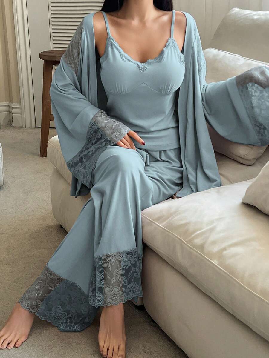 DAZY 3pcs Lace Patchwork Robe, Camisole & Pants Women Sleepwear Set - Blue - View 1