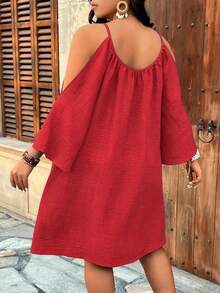 SHEIN Clasi Plus Size Round Neck Ruched Pleated Split Flare 3/4 Sleeve Casual A-Line Midi Dress  Day - Red - View 2