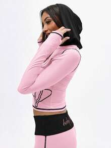 BABYPHAT Zip Up Hooded Top With Contrast Black Trim And Cat Print Design Long Sleeve Fitted Jacket For Casual Winter Wear - Baby Pink - View 5