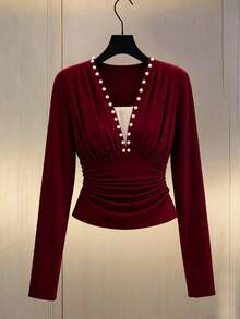 GlowEve V-Neck Pearl Peplum Elegant Romantic Ladies T-Shrit Fall Cloth For Women - Burgundy - View 1