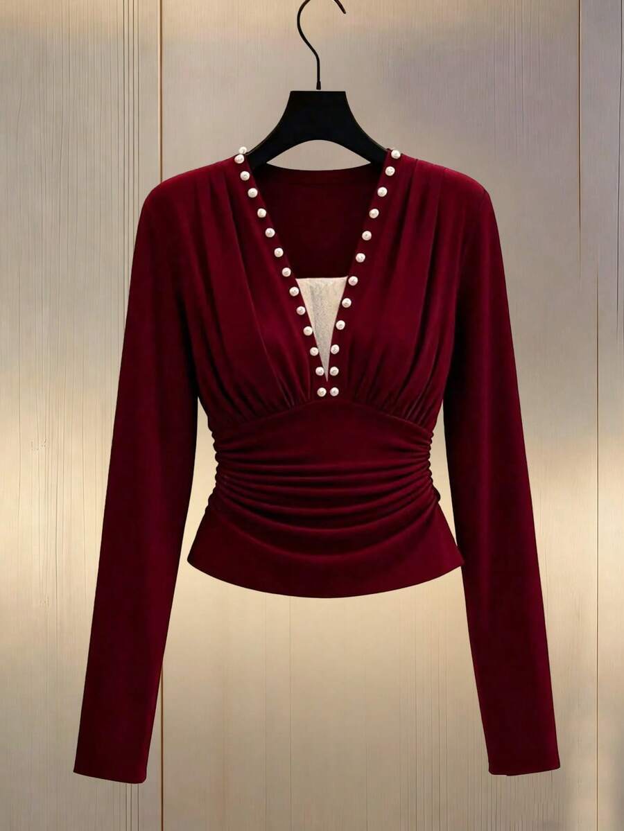 GlowEve V-Neck Pearl Peplum Elegant Romantic Ladies T-Shrit Fall Cloth For Women - Burgundy - View 1