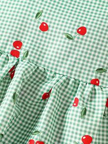 SHEIN Vintaside Kids 2pcs/Set Baby Girl Spring&Summer Vacation Style Cherry&Plaid Printing Slip Top&Shorts