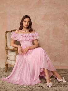 Enchnt Robe mi-longue à épaules dénudées, volants à l'ourlet, couleur unie pour femmes