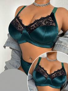 DesireSculpt 1pc Plus Size Lace Patchwork Wireless Bra - Green - View 4