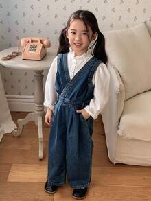 DAZY Young Girls' Criss-Cross Wrap Sleeveless Fashionable Denim Jumpsuit - Blue - View 4