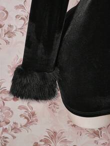 SHEIN ICON 大码仿毛领天鹅绒外套，两件套：天鹅绒连衣裙圣诞两件套性感约会之夜装扮优雅红色圣诞连衣裙优雅派对礼服 - 黑色 - 查看 6