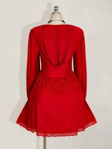 SHEIN ICON 加大码黑色连帽灯笼袖性感迷你连衣裙，适合万圣节派对、万圣节服装、女巫装扮 - 紅色 - 查看 10